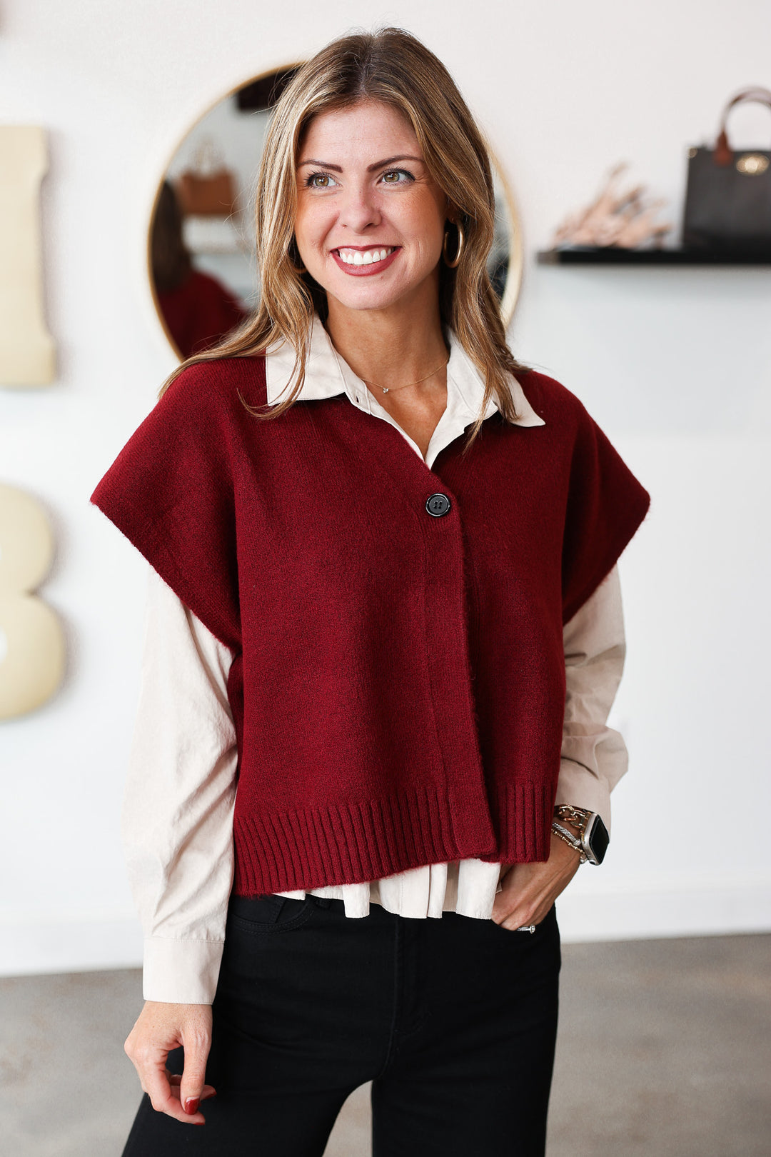 Single Button Sweater Vest - Burgundy