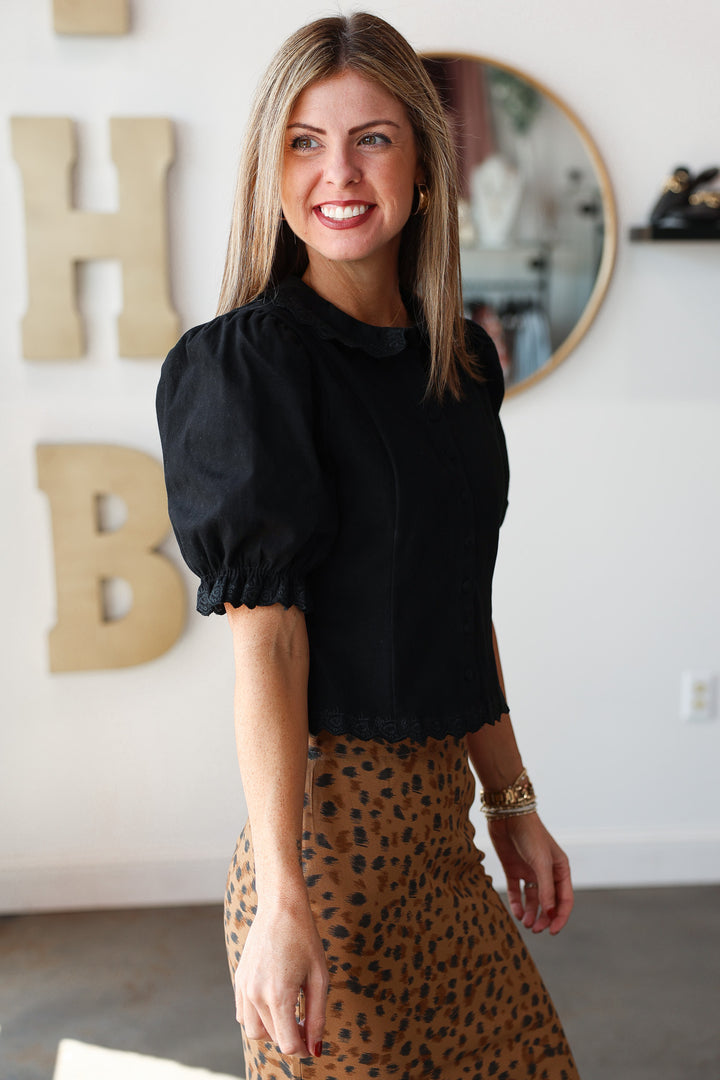 Embroidered Trim Detail Top - Black