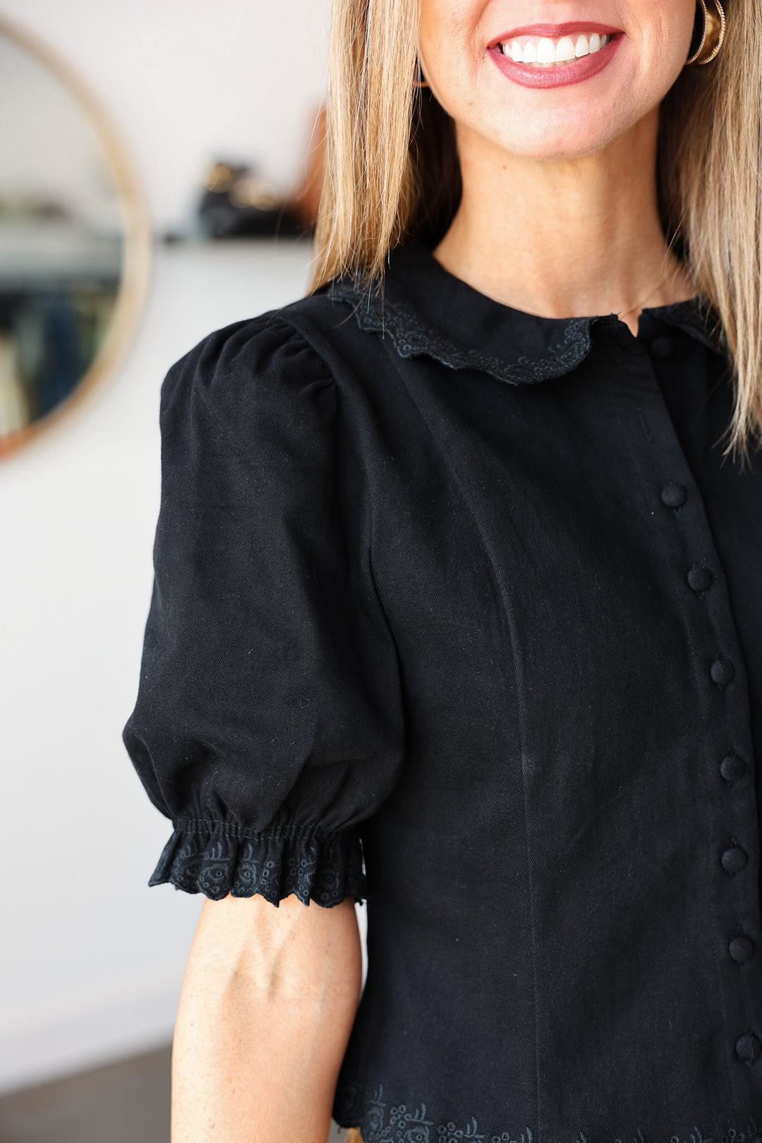 Embroidered Trim Detail Top - Black