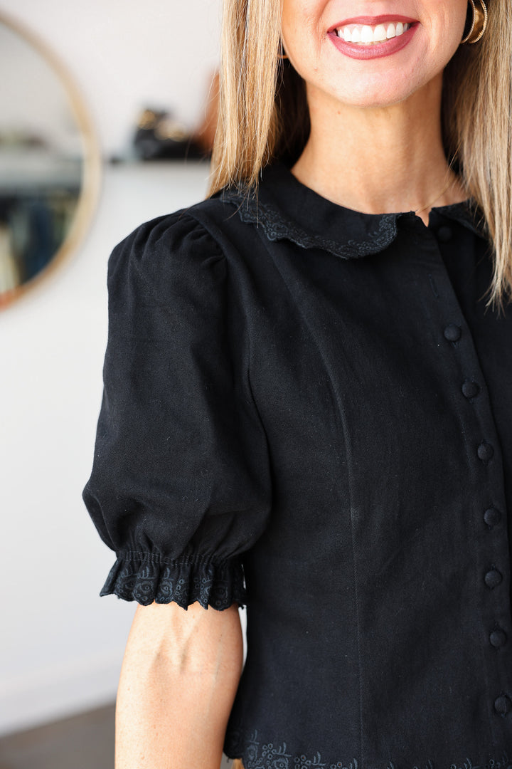 Embroidered Trim Detail Top - Black