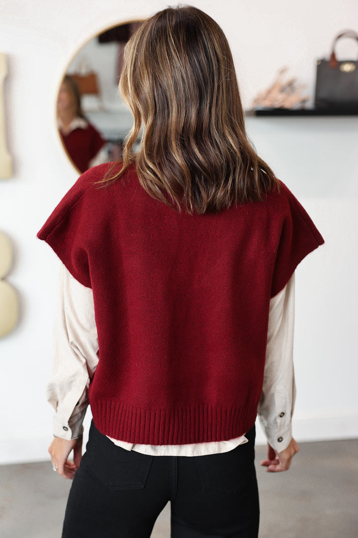 Single Button Sweater Vest - Burgundy