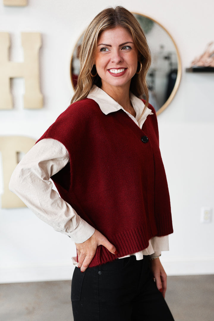 Single Button Sweater Vest - Burgundy
