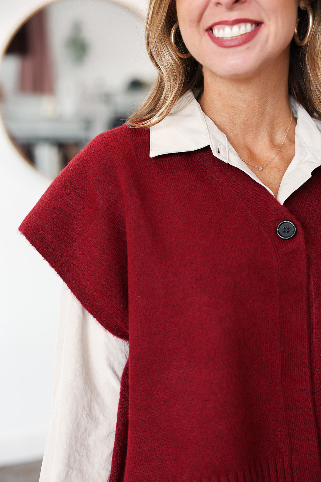 Single Button Sweater Vest - Burgundy