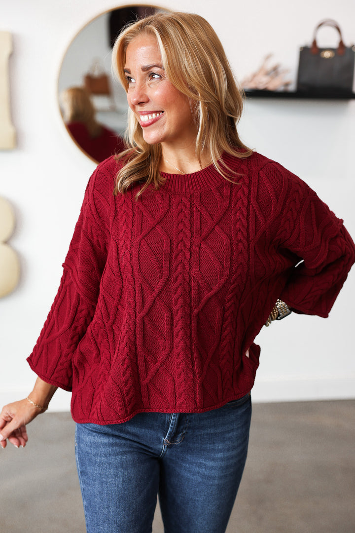Cable Knit Sweater - Burgundy