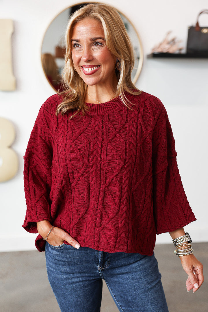 Cable Knit Sweater - Burgundy