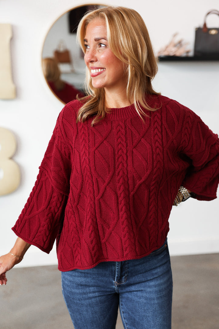 Cable Knit Sweater - Burgundy