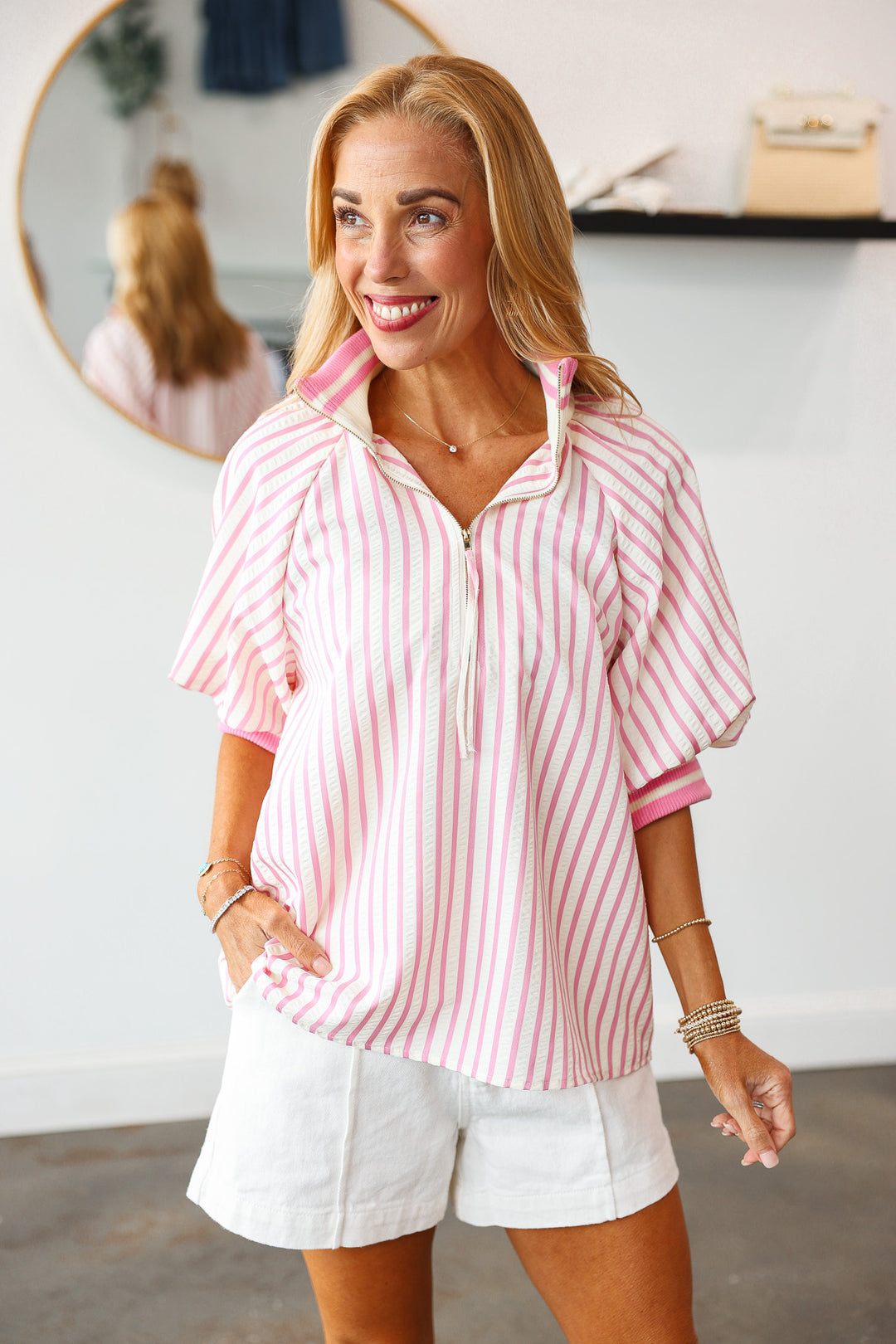 Contrast Trim Striped Top - Pink