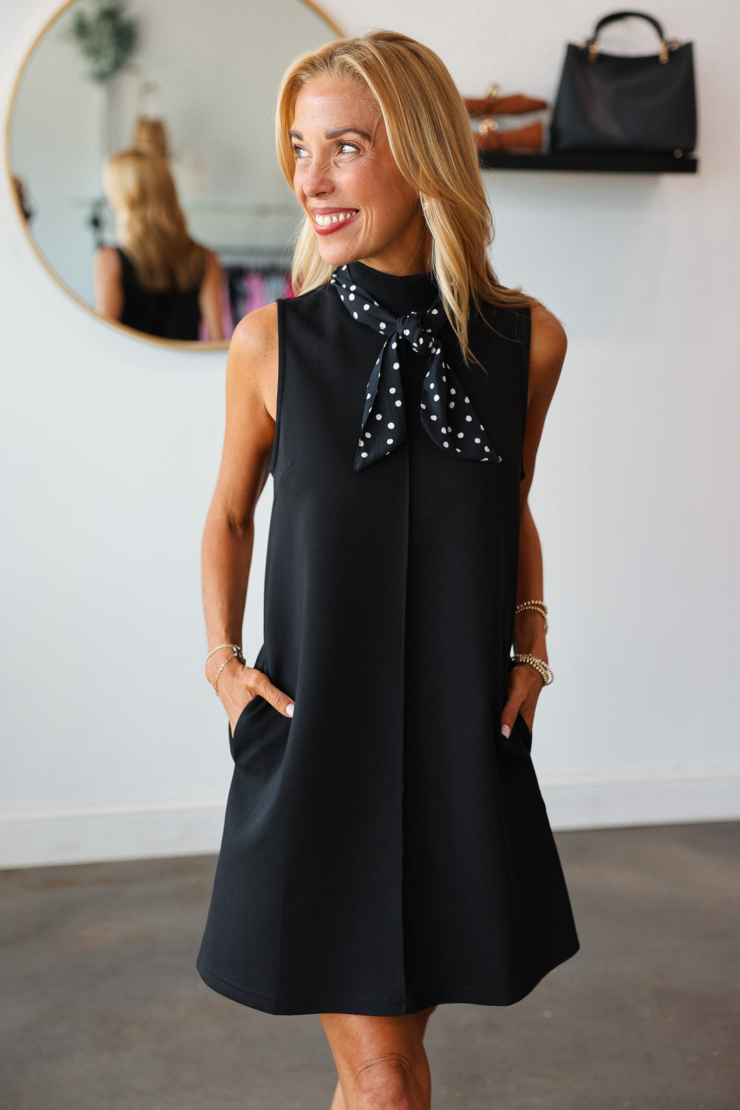 Mock Neck Scarf Dress - Black