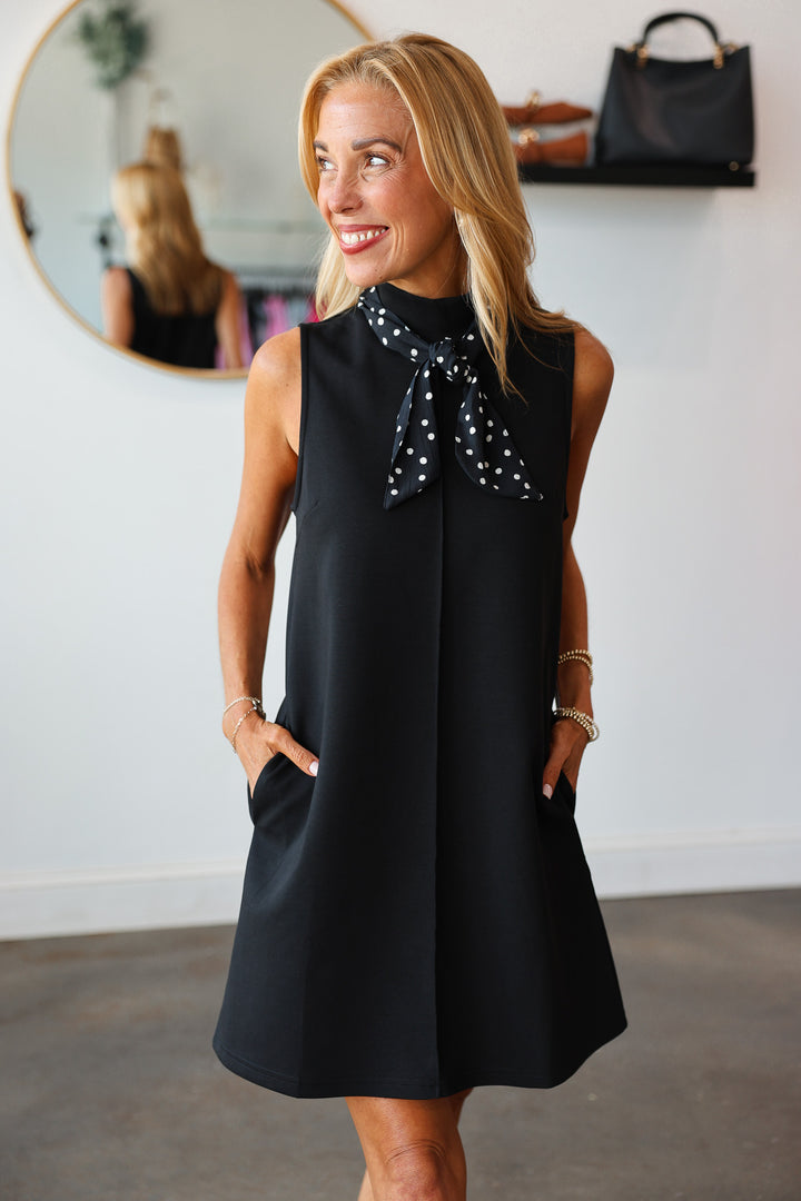 Mock Neck Scarf Dress - Black