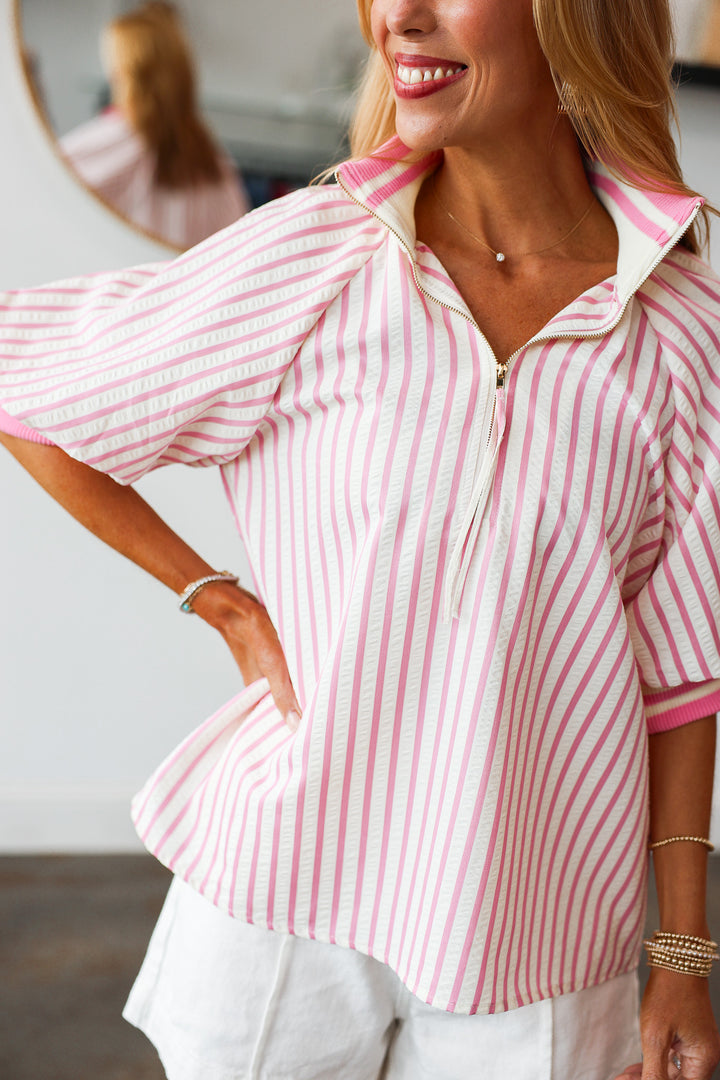 Contrast Trim Striped Top - Pink