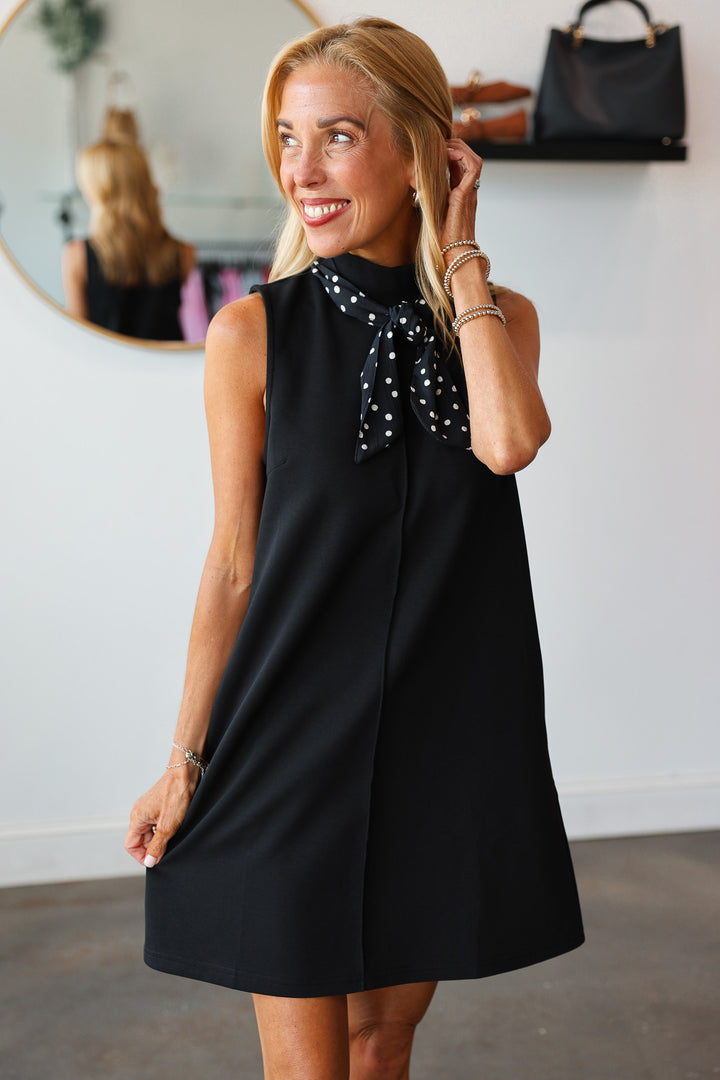 Mock Neck Scarf Dress - Black