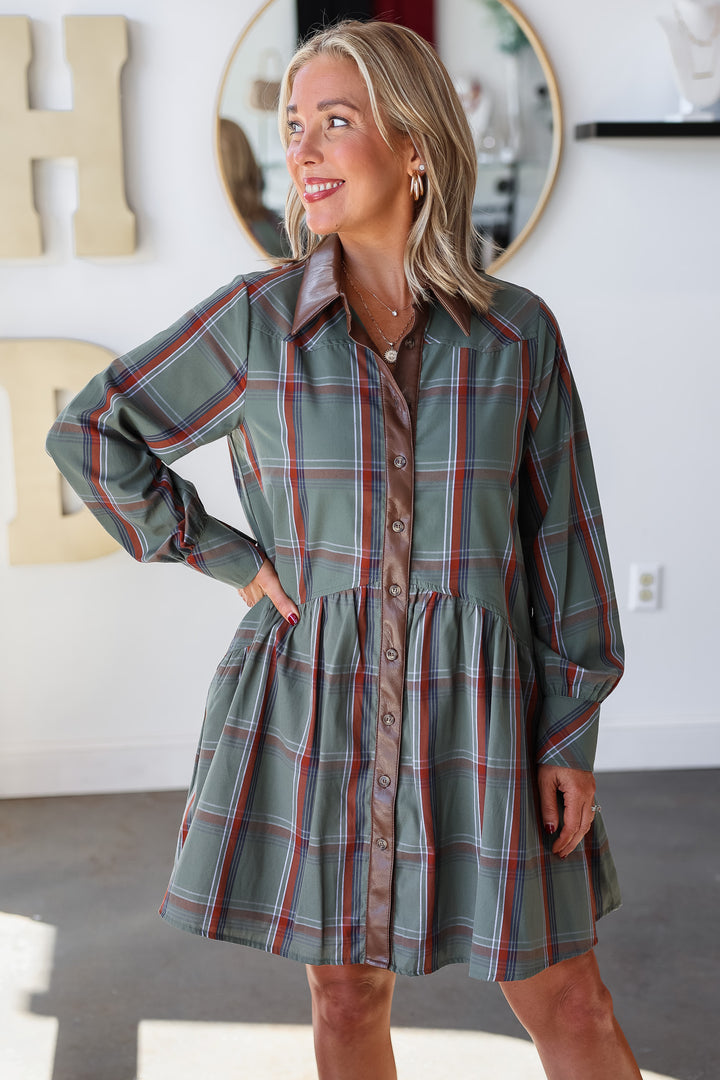 Leather Trim Plaid Dress