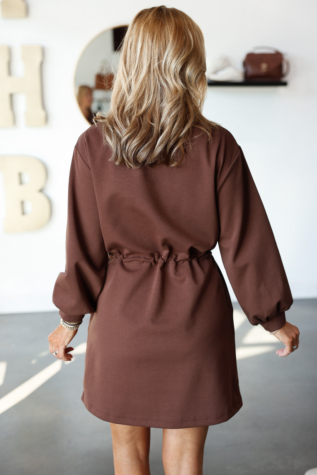 Long Sleeve Cinch Waist Dress - Coffee