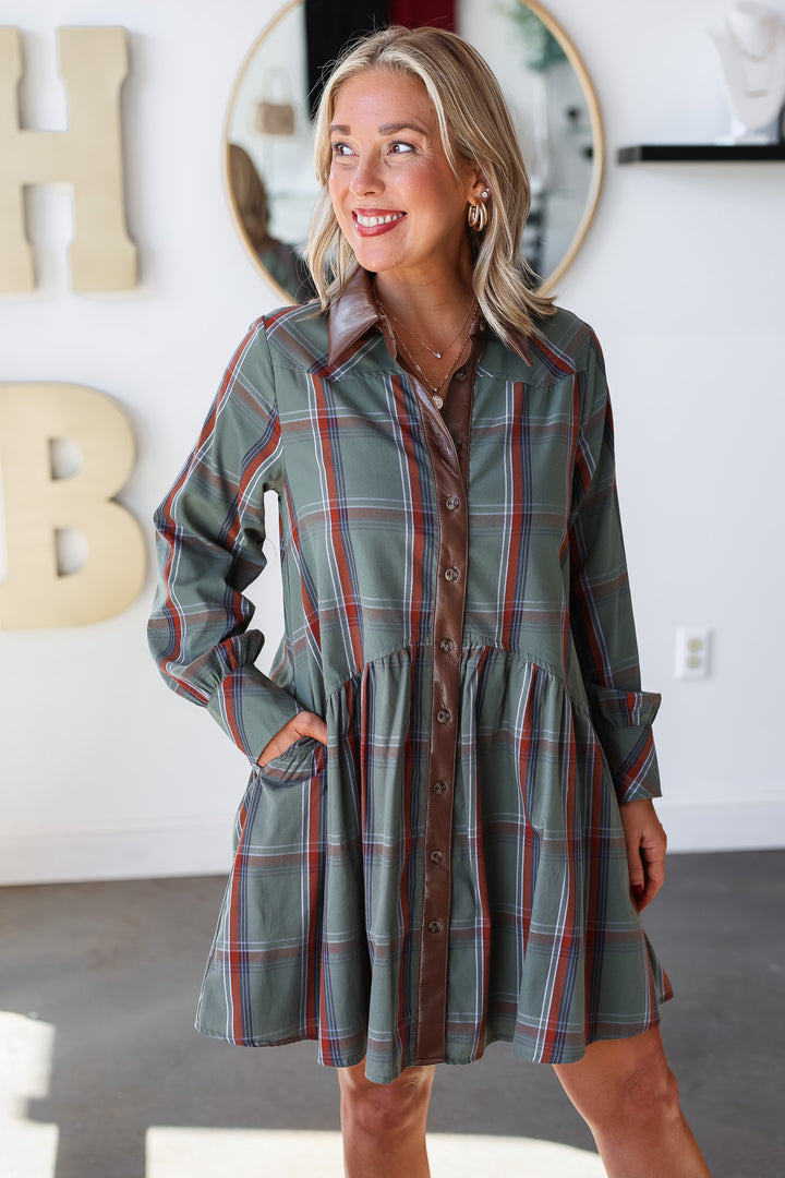 Leather Trim Plaid Dress