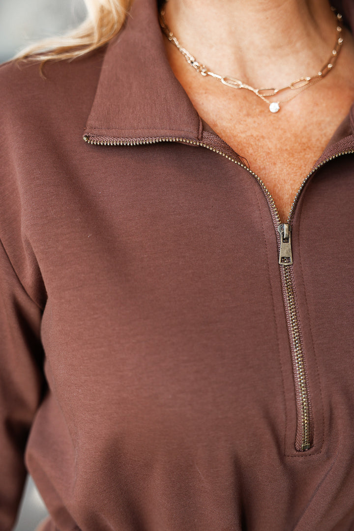 Long Sleeve Cinch Waist Dress - Coffee