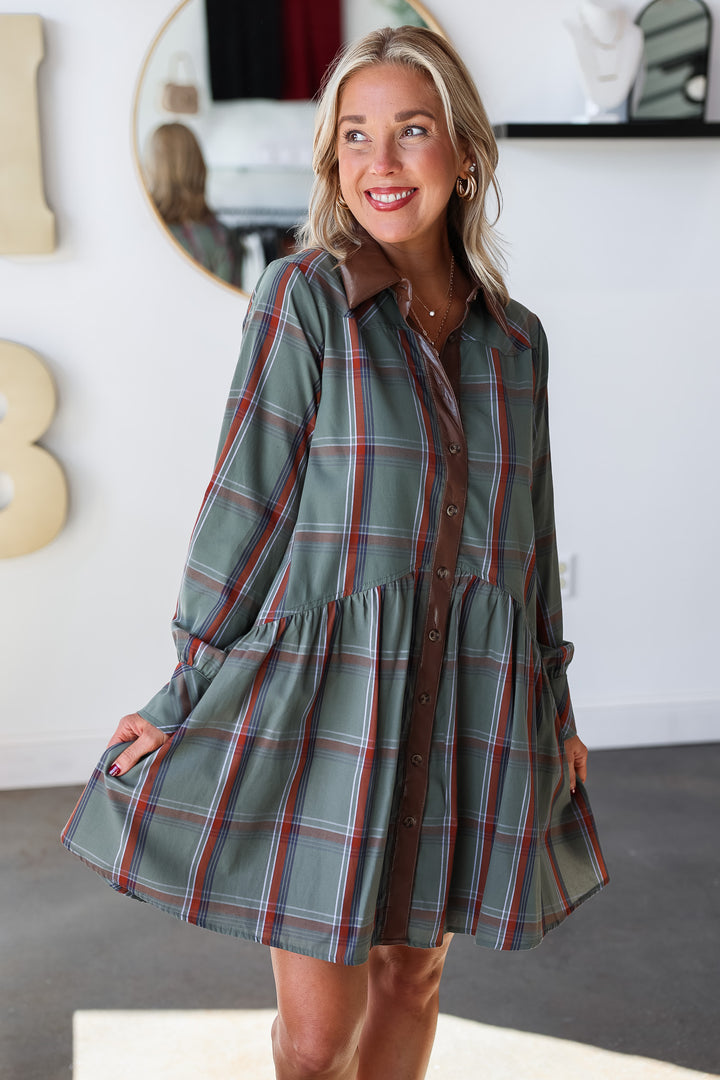 Leather Trim Plaid Dress