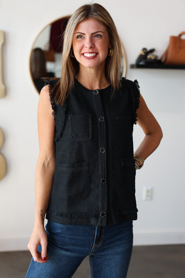 Fringe Trim Vest - Black