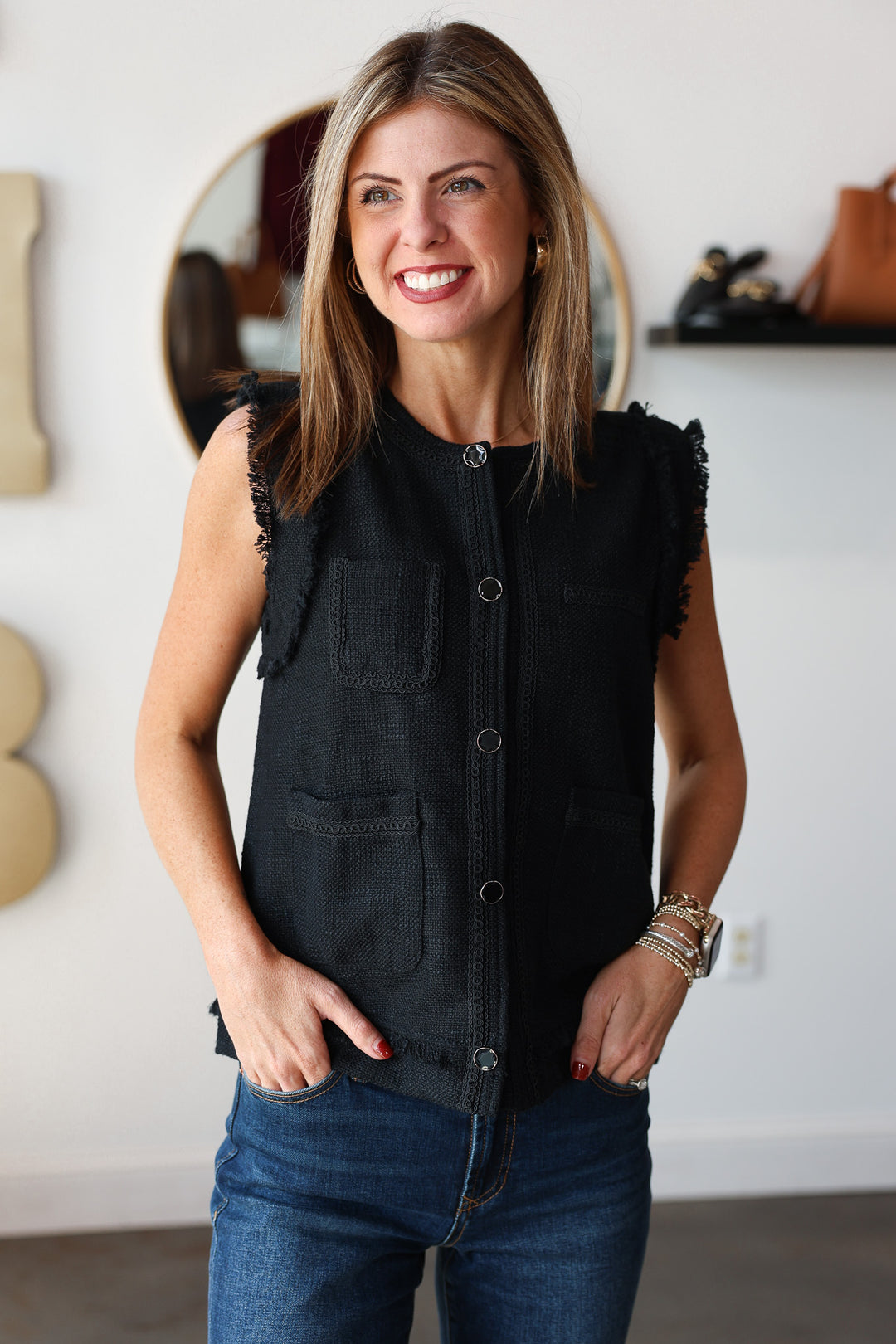 Fringe Trim Vest - Black