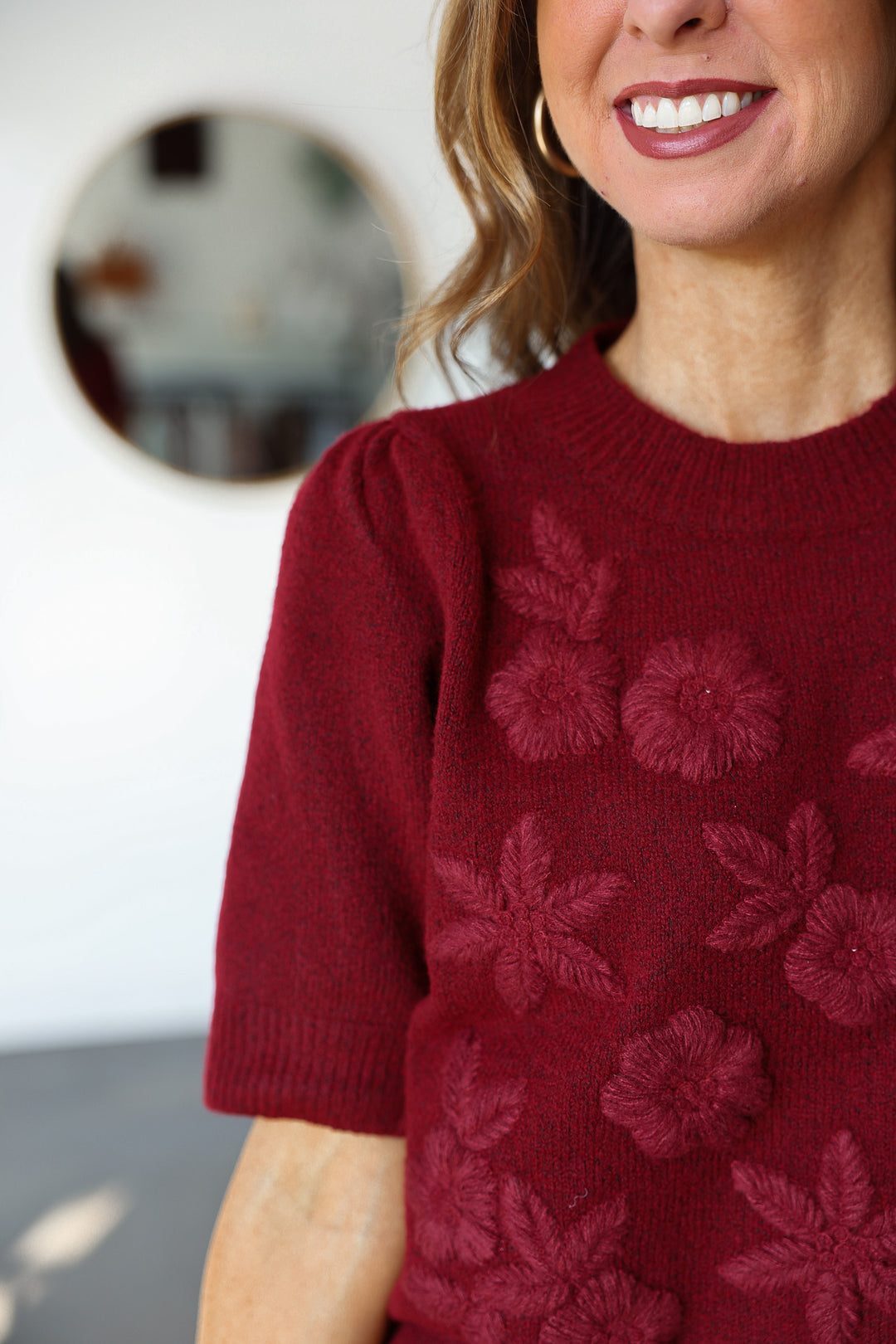 Embroidered Short Sleeve Sweater - Burgundy