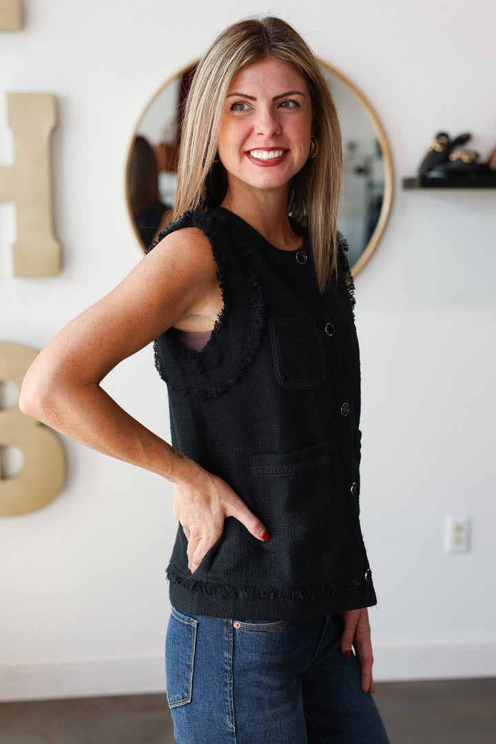 Fringe Trim Vest - Black