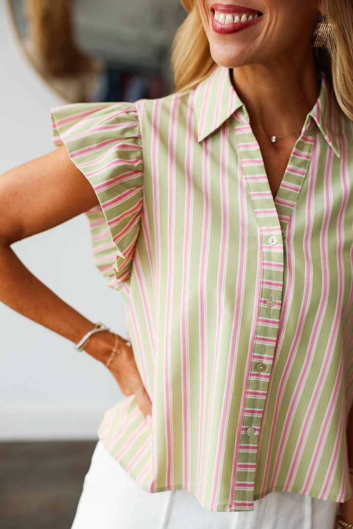 Flutter Sleeve Striped Button Down Top - Olive/Pink