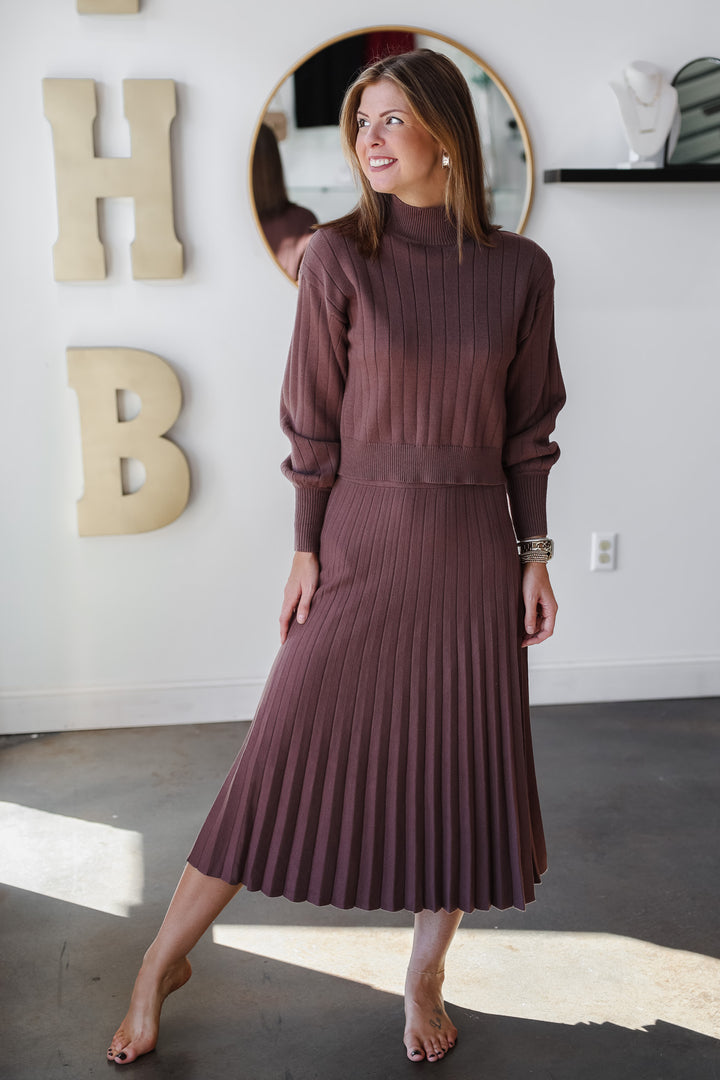 Textured Striped Sweater Set (Top) - Brown