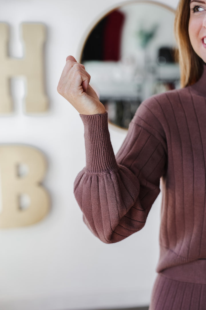 Textured Striped Sweater Set (Top) - Brown