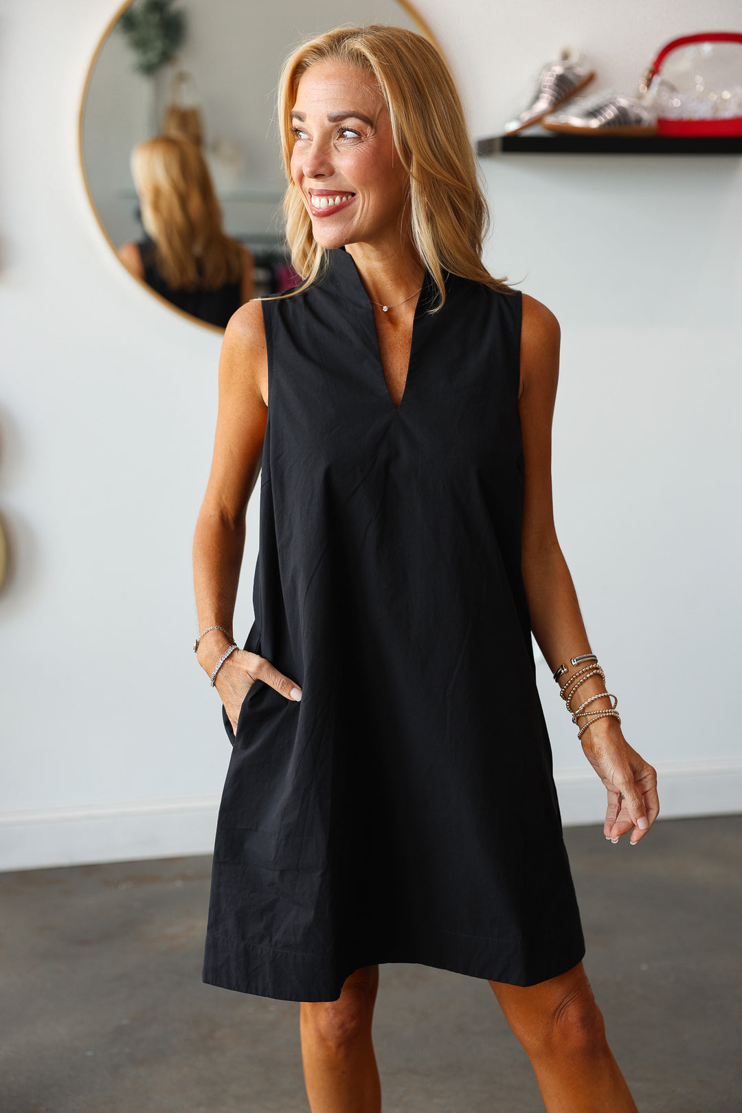 V Neck Shift Dress - Black