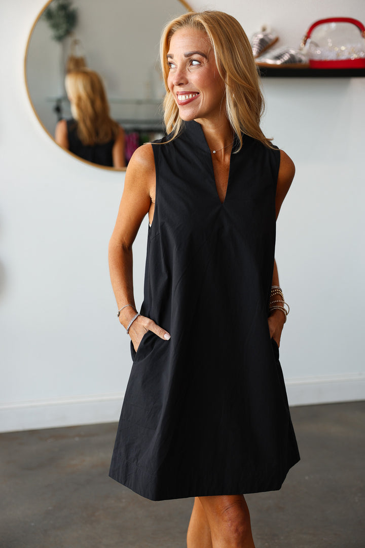V Neck Shift Dress - Black