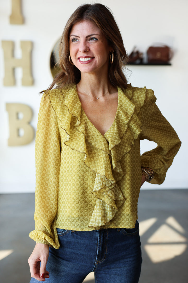 Ruffle Neck Blouse - Olive