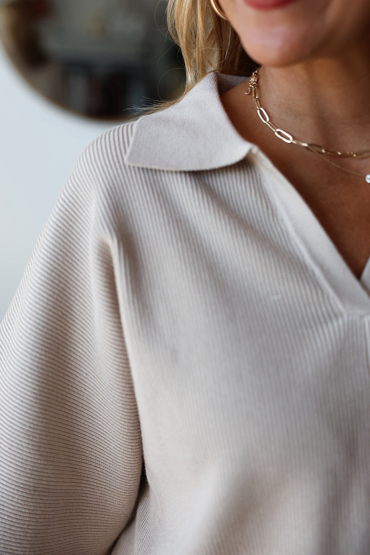 V Neck Ribbed Sweater - Stone