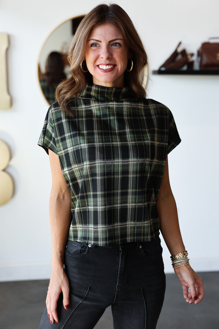 Mock Neck Plaid Top - Green