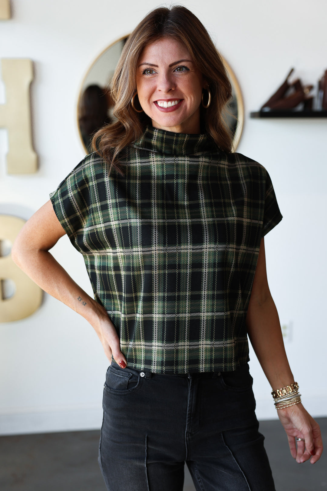 Mock Neck Plaid Top - Green