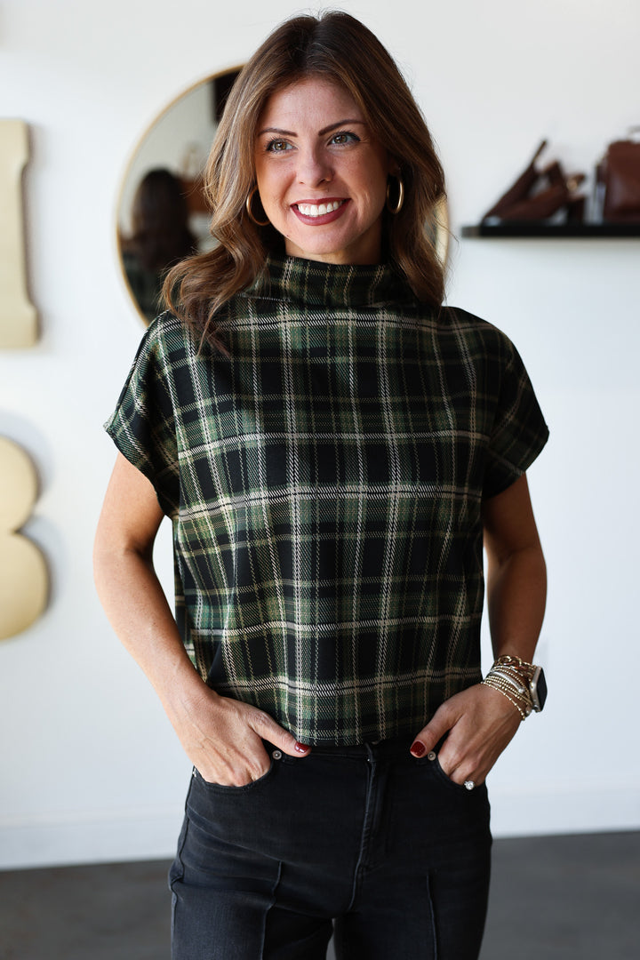 Mock Neck Plaid Top - Green