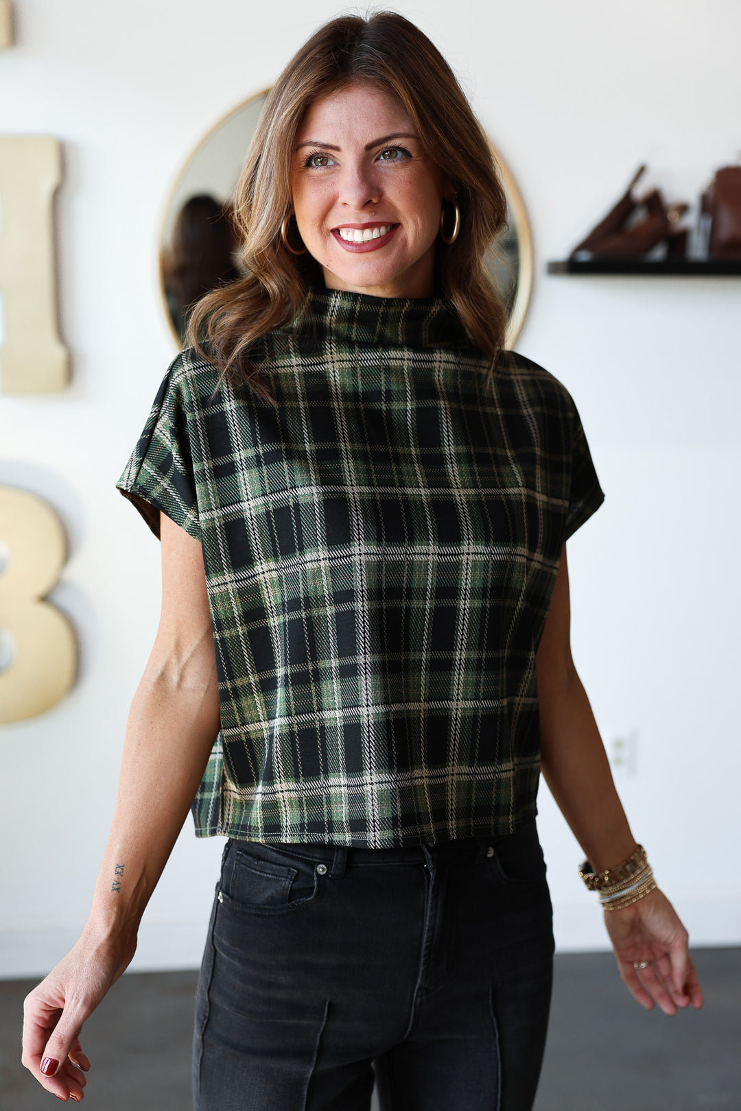 Mock Neck Plaid Top - Green