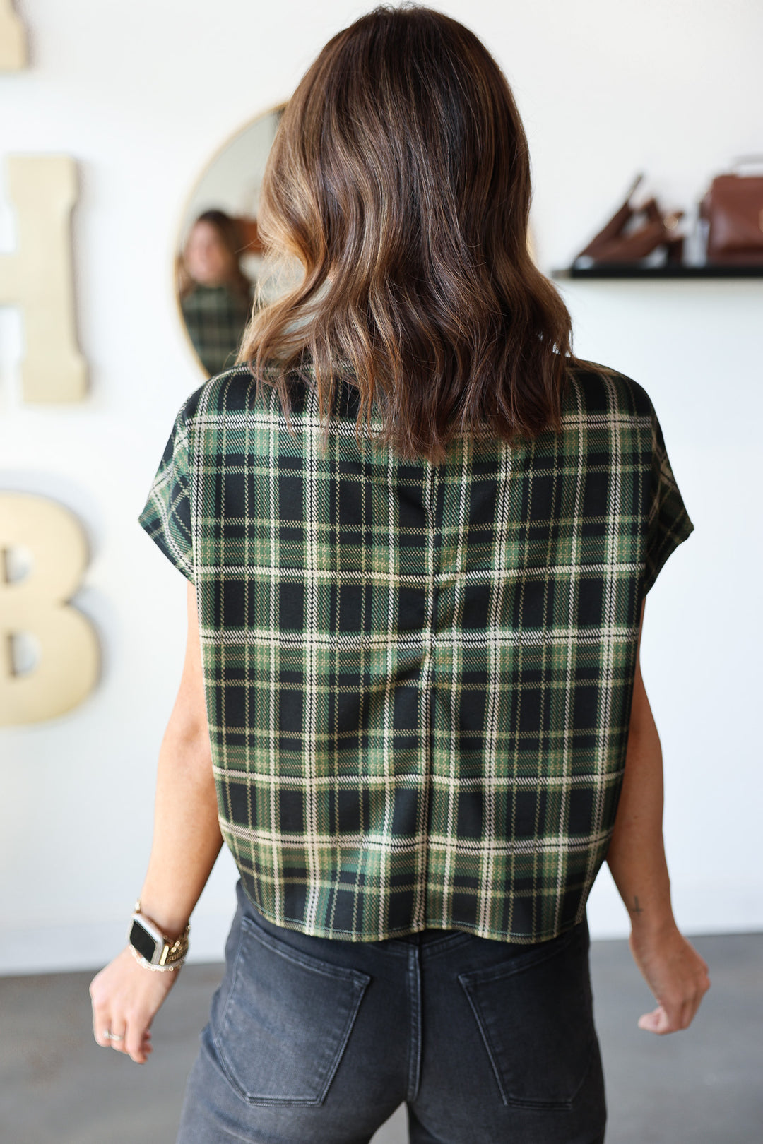 Mock Neck Plaid Top - Green