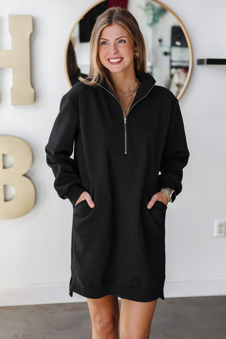 Textured Quarter Zip Dress - Black