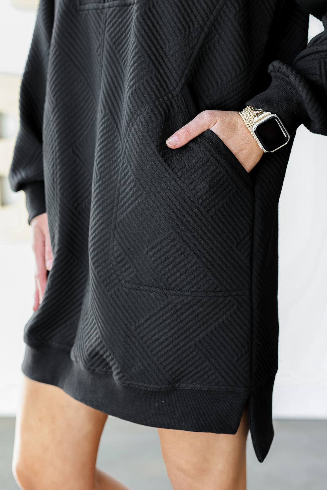 Textured Quarter Zip Dress - Black