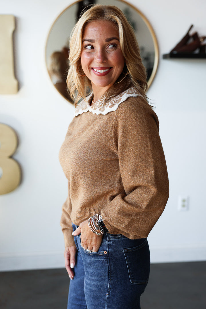 Pattern Collar Knit Top - Camel