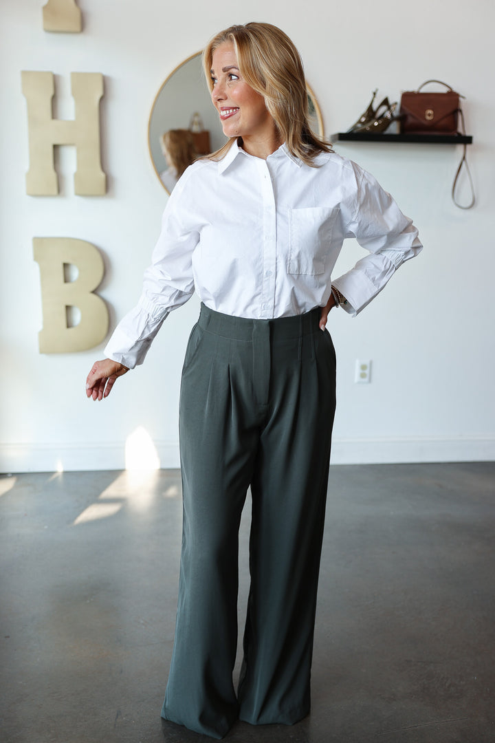 Wide Leg Dress Pants - Dark Green