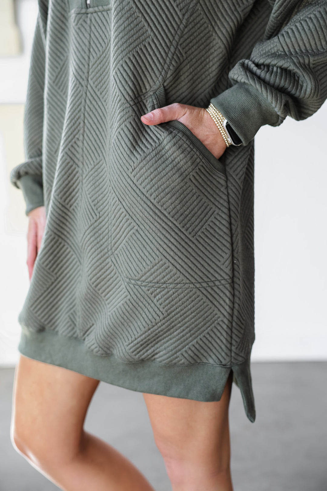 Textured Quarter Zip Dress - Olive