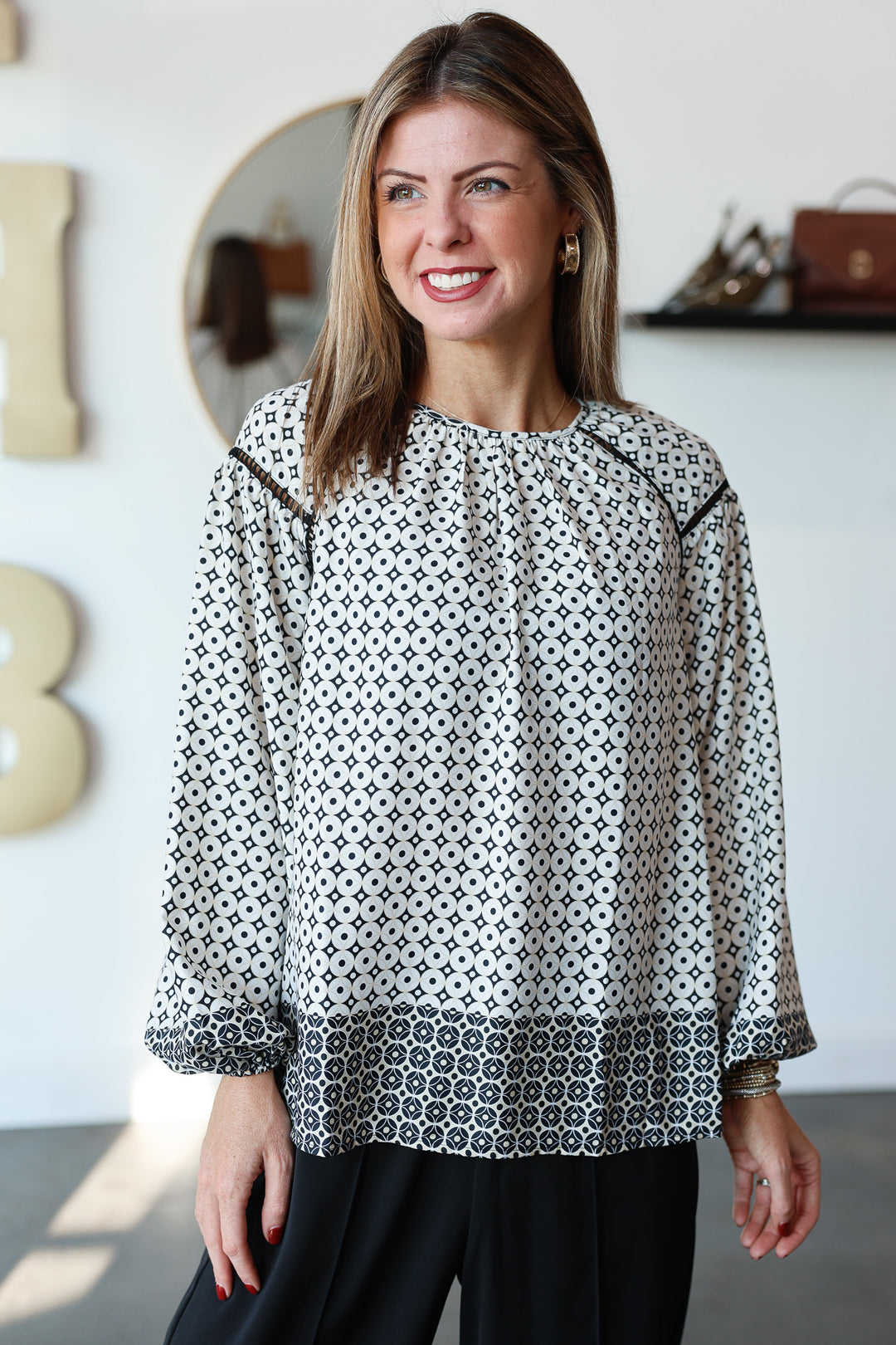 Geometric Mixed Print Blouse - Cream/Black