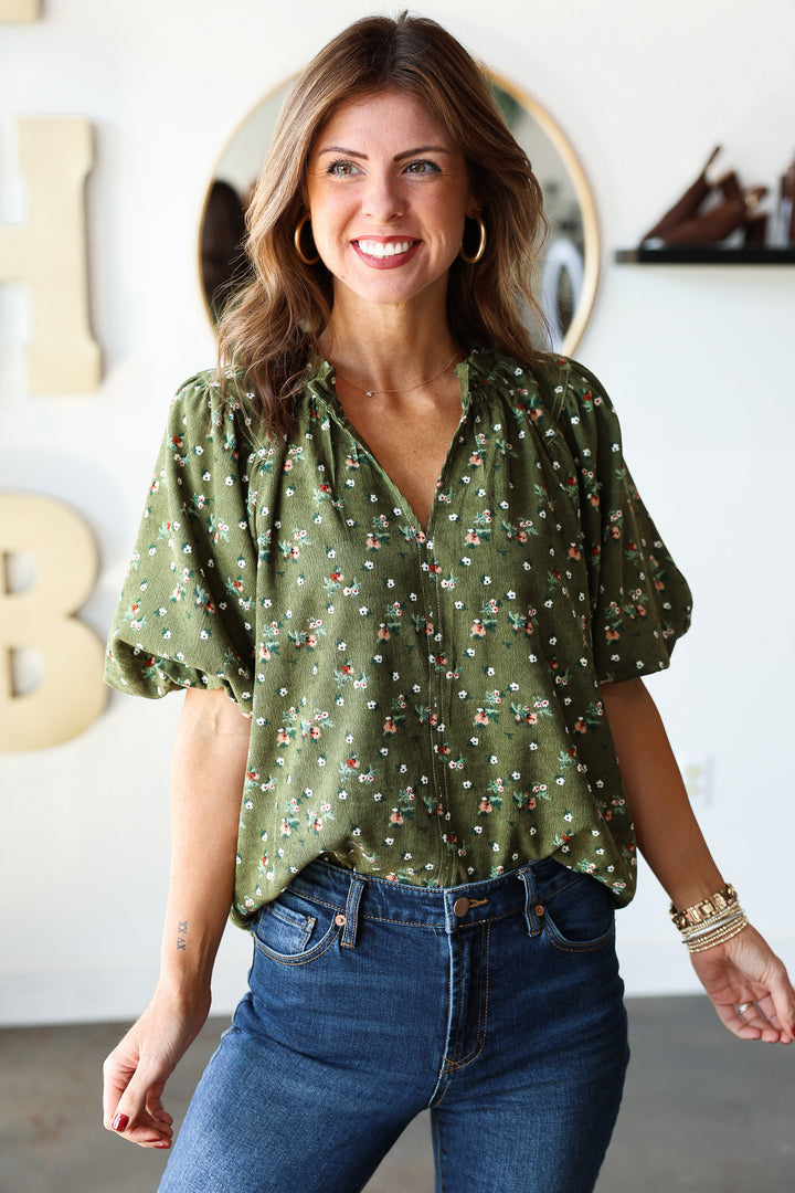 Corduroy Floral Top - Green