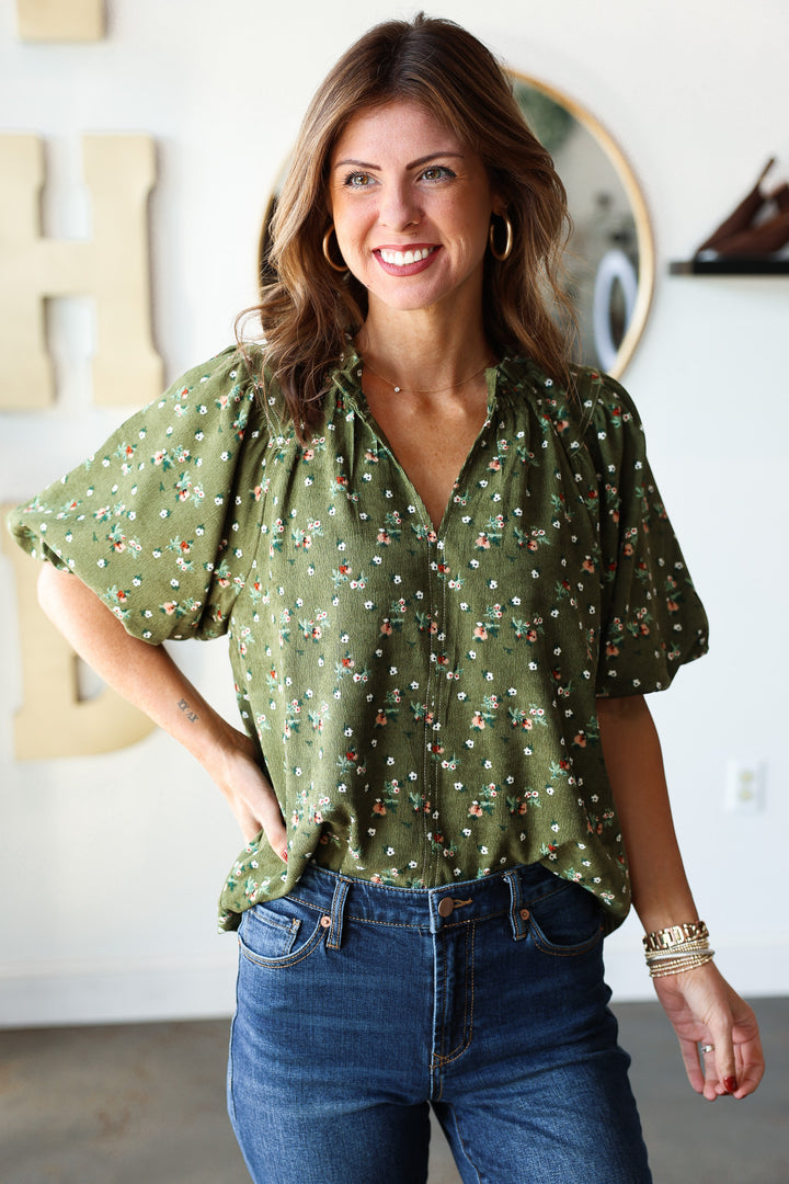 Corduroy Floral Top - Green