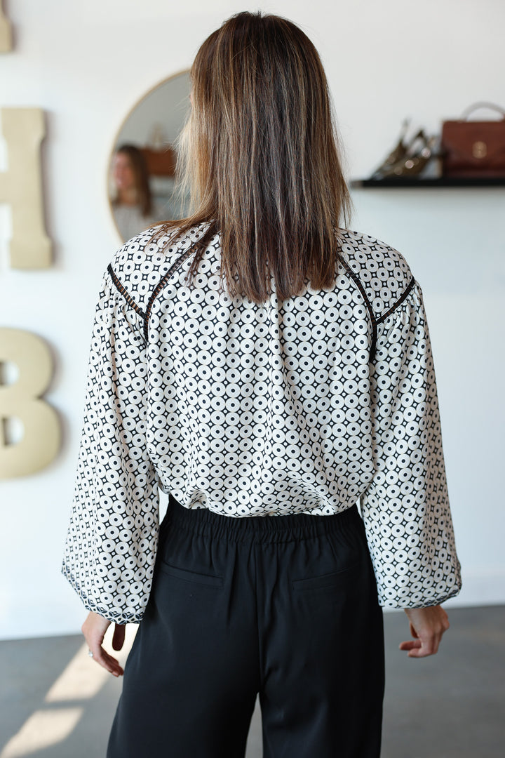 Geometric Mixed Print Blouse - Cream/Black