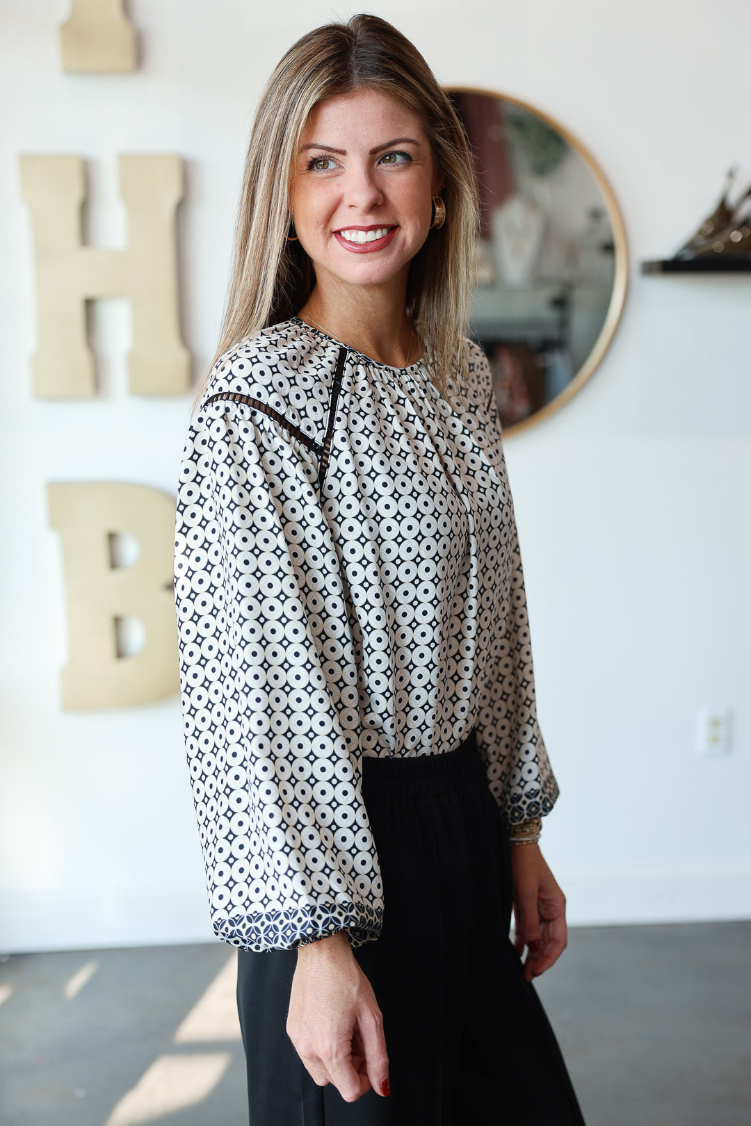 Geometric Mixed Print Blouse - Cream/Black