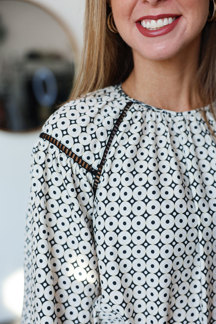 Geometric Mixed Print Blouse - Cream/Black