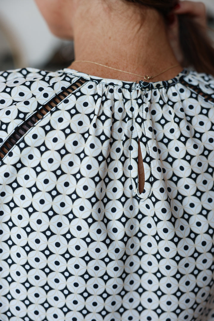 Geometric Mixed Print Blouse - Cream/Black