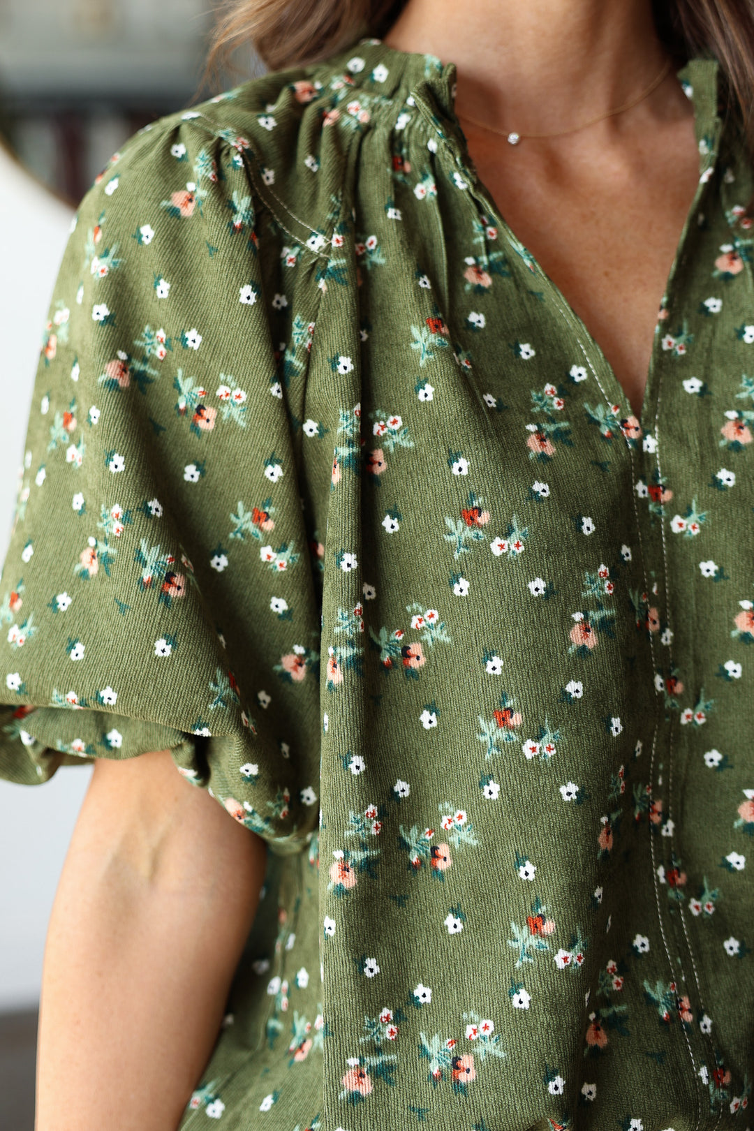 Corduroy Floral Top - Green