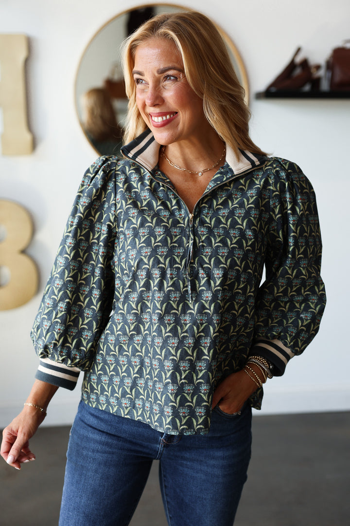 Printed Quarter Zip Contrast Top